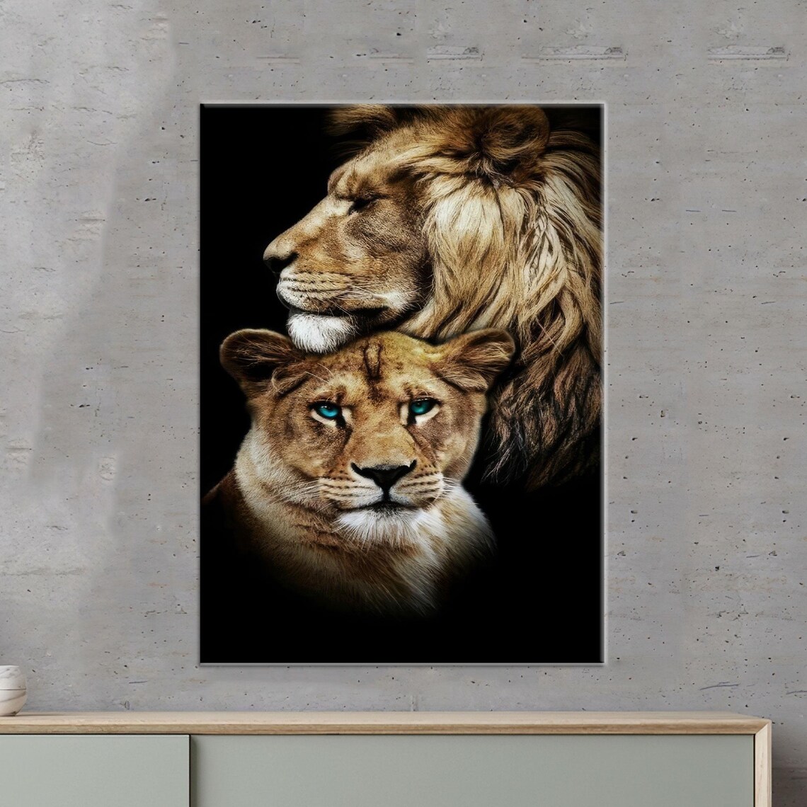 Lion And Lioness Couple Portrait On Dark Background Wildlife Poster