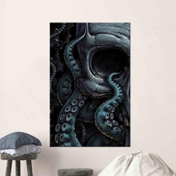 Octopus Art Skull Wall Art Navy Blue Wall Art Animal Wall Art Modern Artwork Horror Wall Decor Art 3d Glass Wallpaper Art
