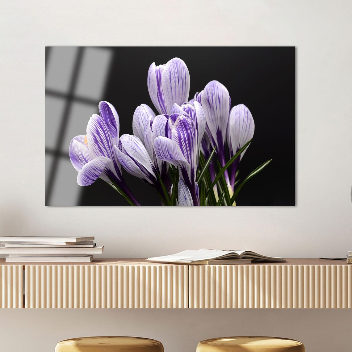 Purple Striped Crocus Flowers Blooming On Black Floral Art Poster - Image 2
