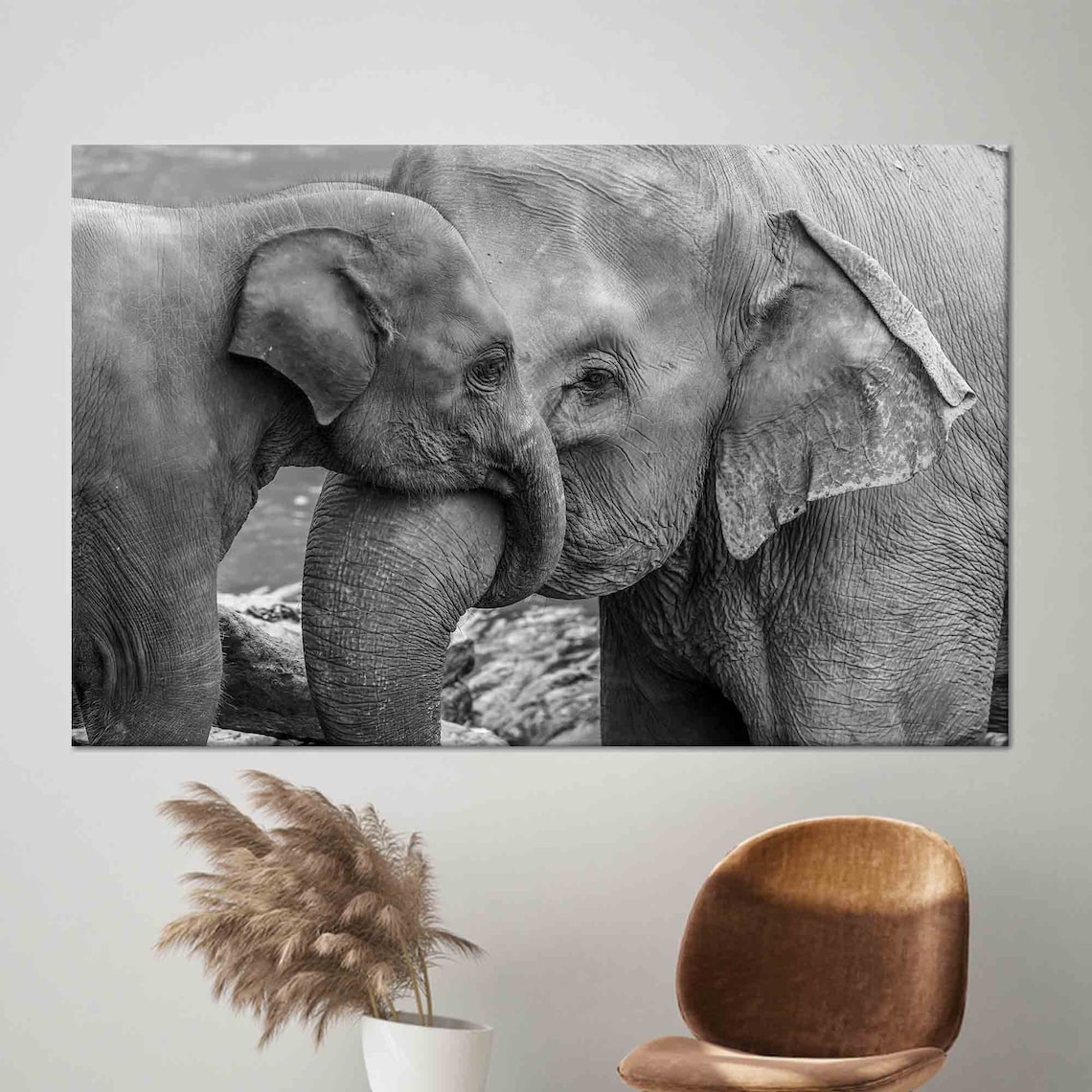 Elephant Mom and Baby Art Print, Farmhouse Wall Art
