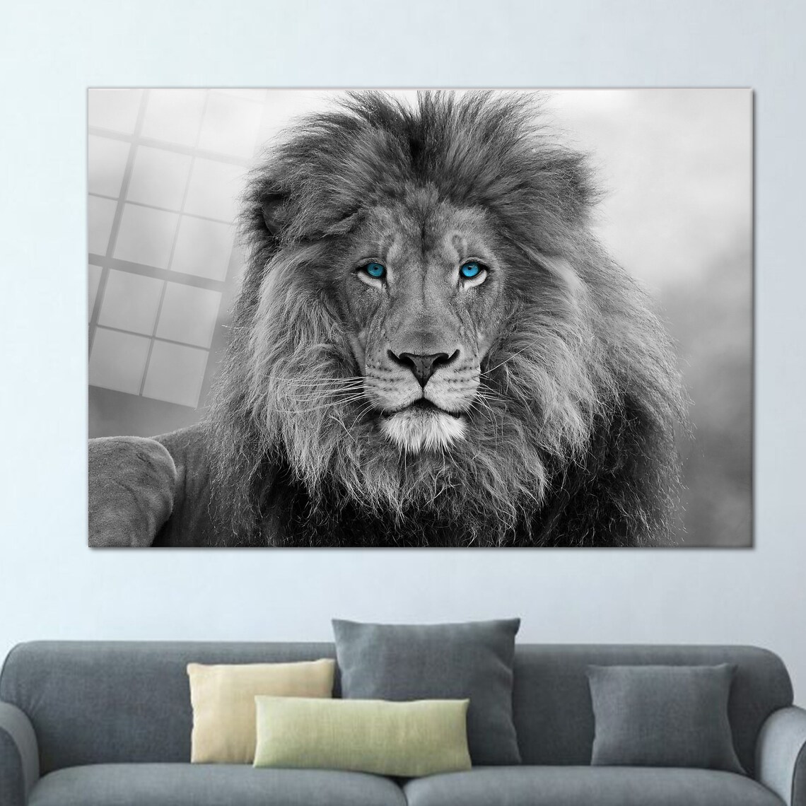 Blue Eyed Lion Portrait Black and White Majestic Wildlife Poster - Image 2