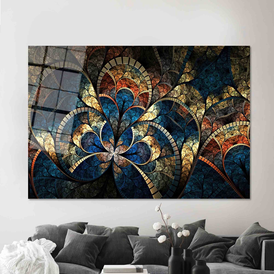Navy Blue and Gold Fractal Stained Glass Pattern Abstract Art Poster - Image 2