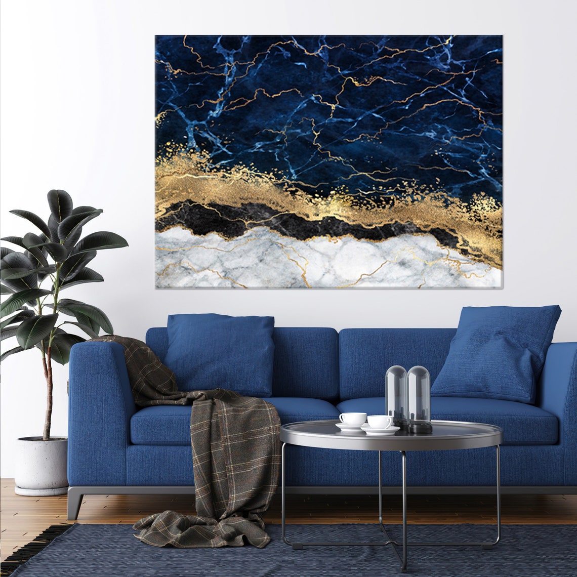 Navy Blue and Gold Marble Waves Abstract Modern Decor Poster