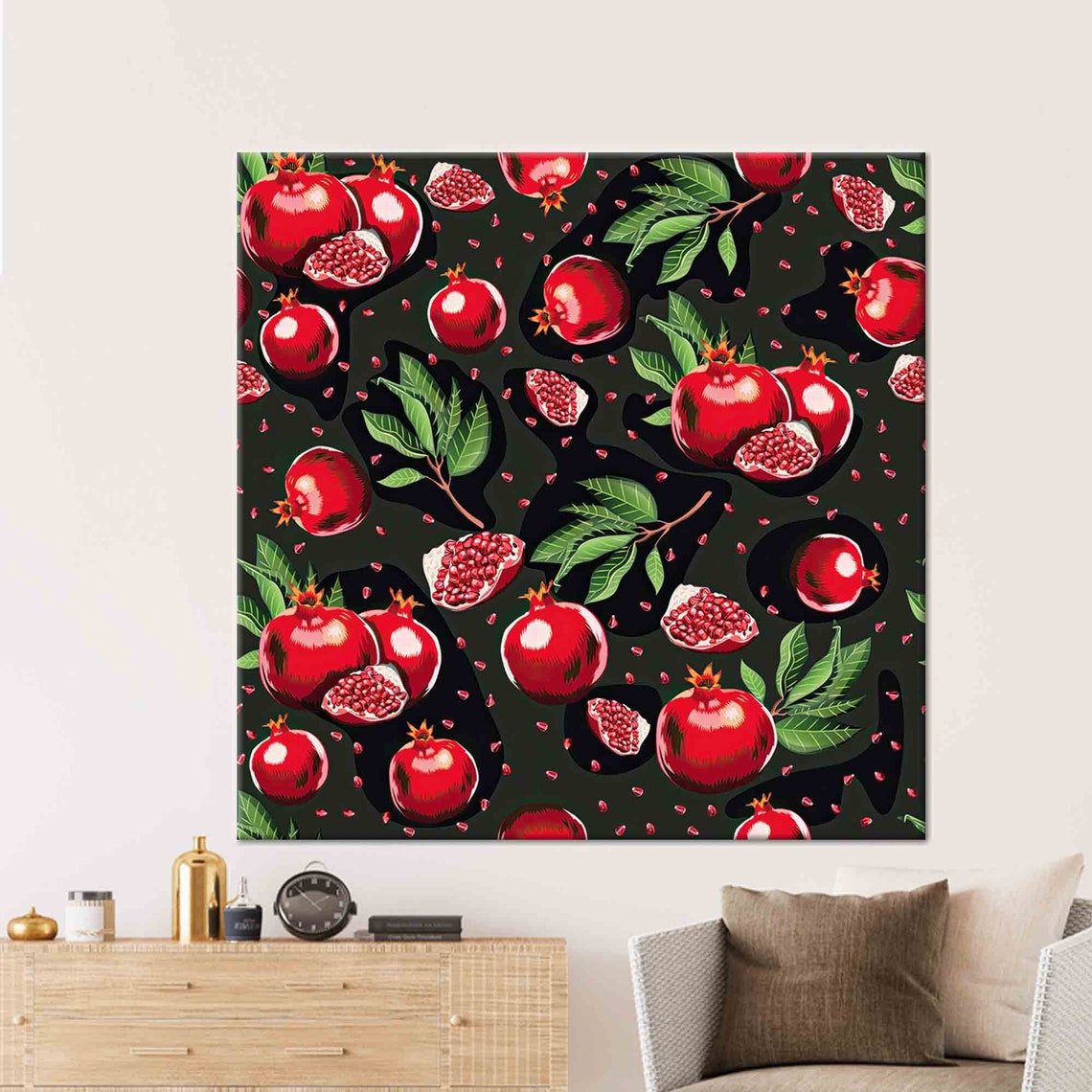Red Pomegranate Pattern on Black Bold Kitchen Decor Wall Poster