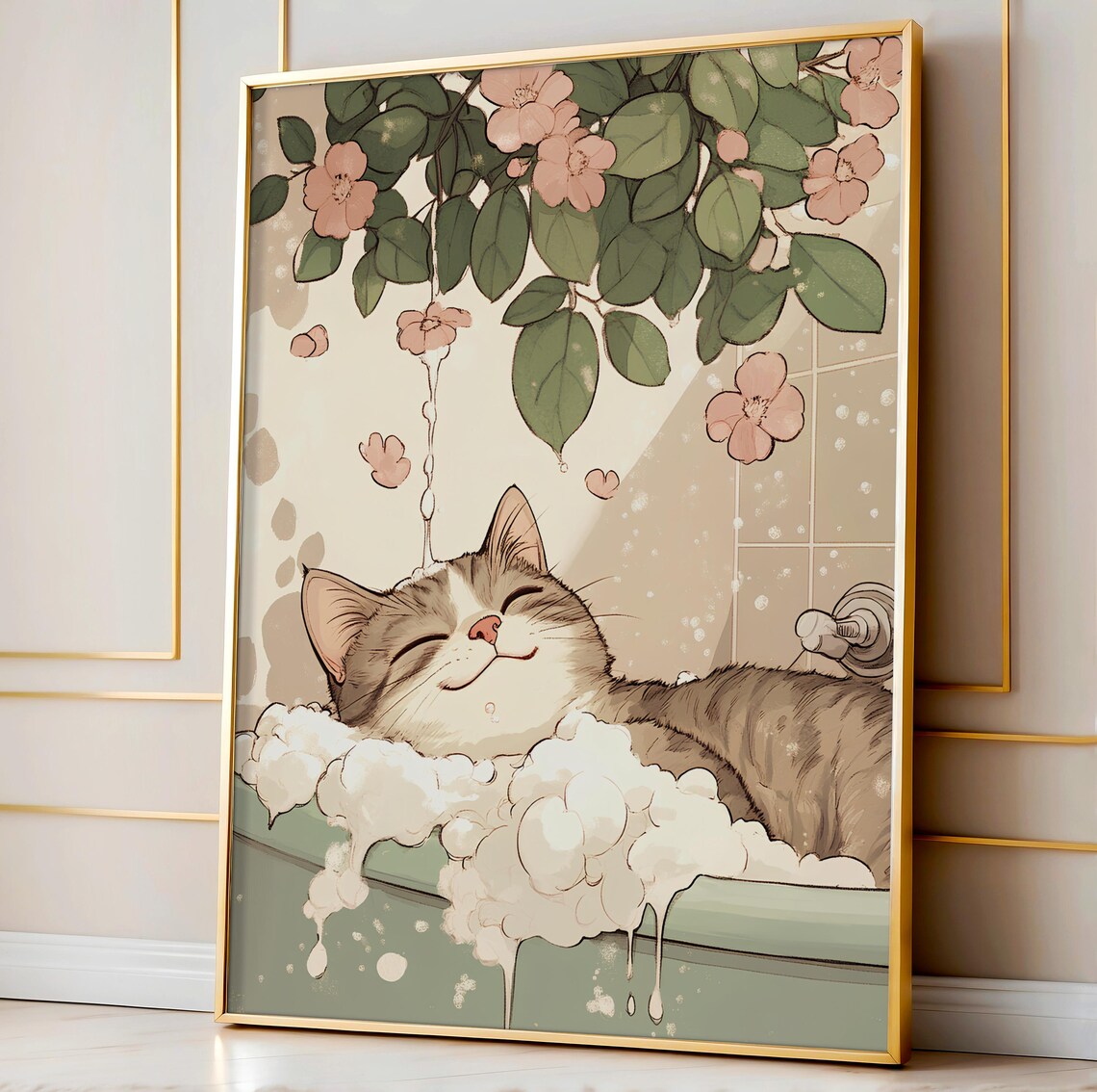 Tabby Cat In Bathtub Funny Bathroom Wall Art Print