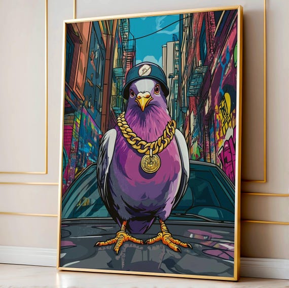 Funny Pigeon Car Poster Gangsta Bird Wall Art Cool Animal Print Urban Decor Silly For Bathroom Or Office