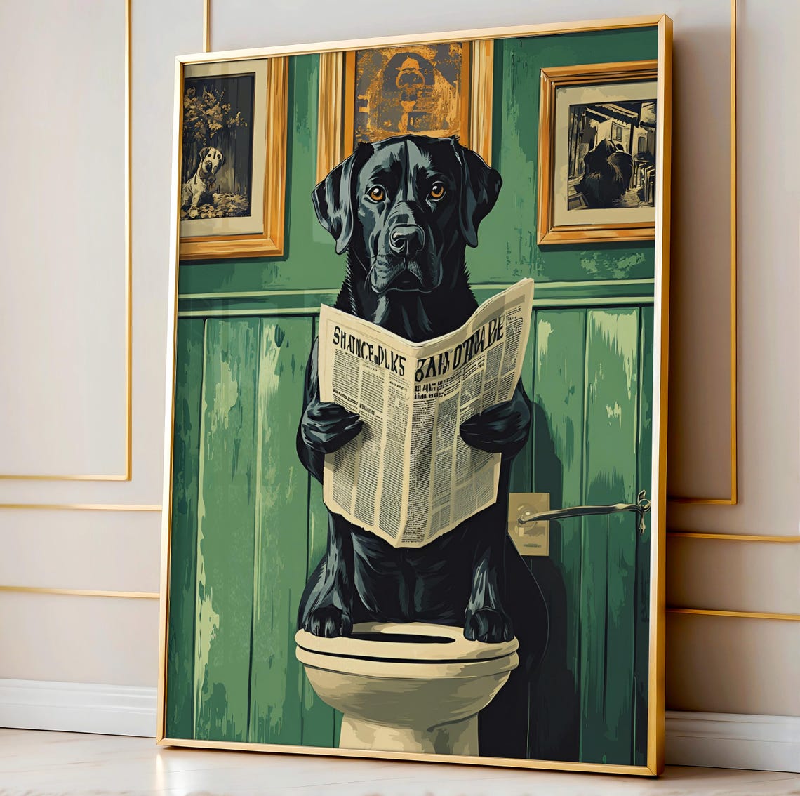 Funny Black Lab Dog Reading Newspaper On The Toilet Bathroom Poster