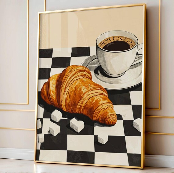 Coffee and Croissant French Cafe Checkered Retro Kitchen Poster