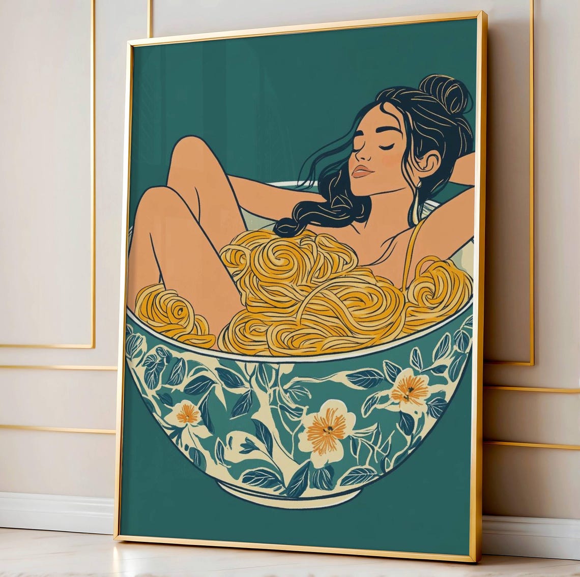 Woman in Floral Pasta Bowl Teal Whimsical Kitchen Food Art Poster
