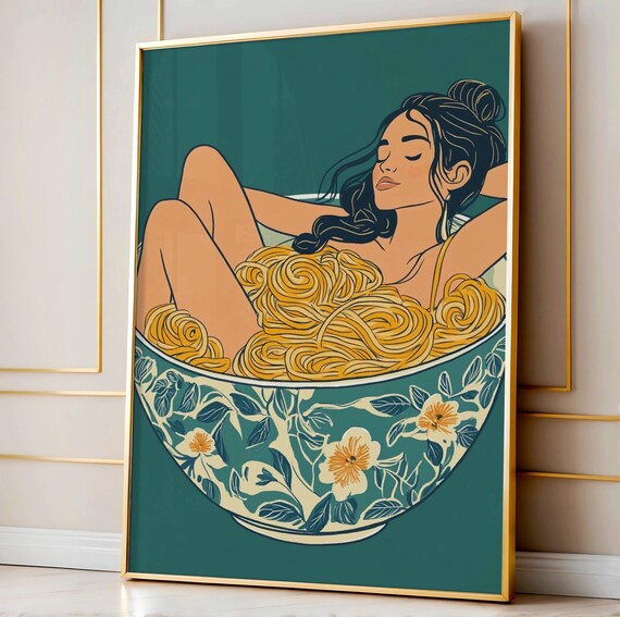 Woman in Floral Pasta Bowl Teal Whimsical Kitchen Food Art Poster