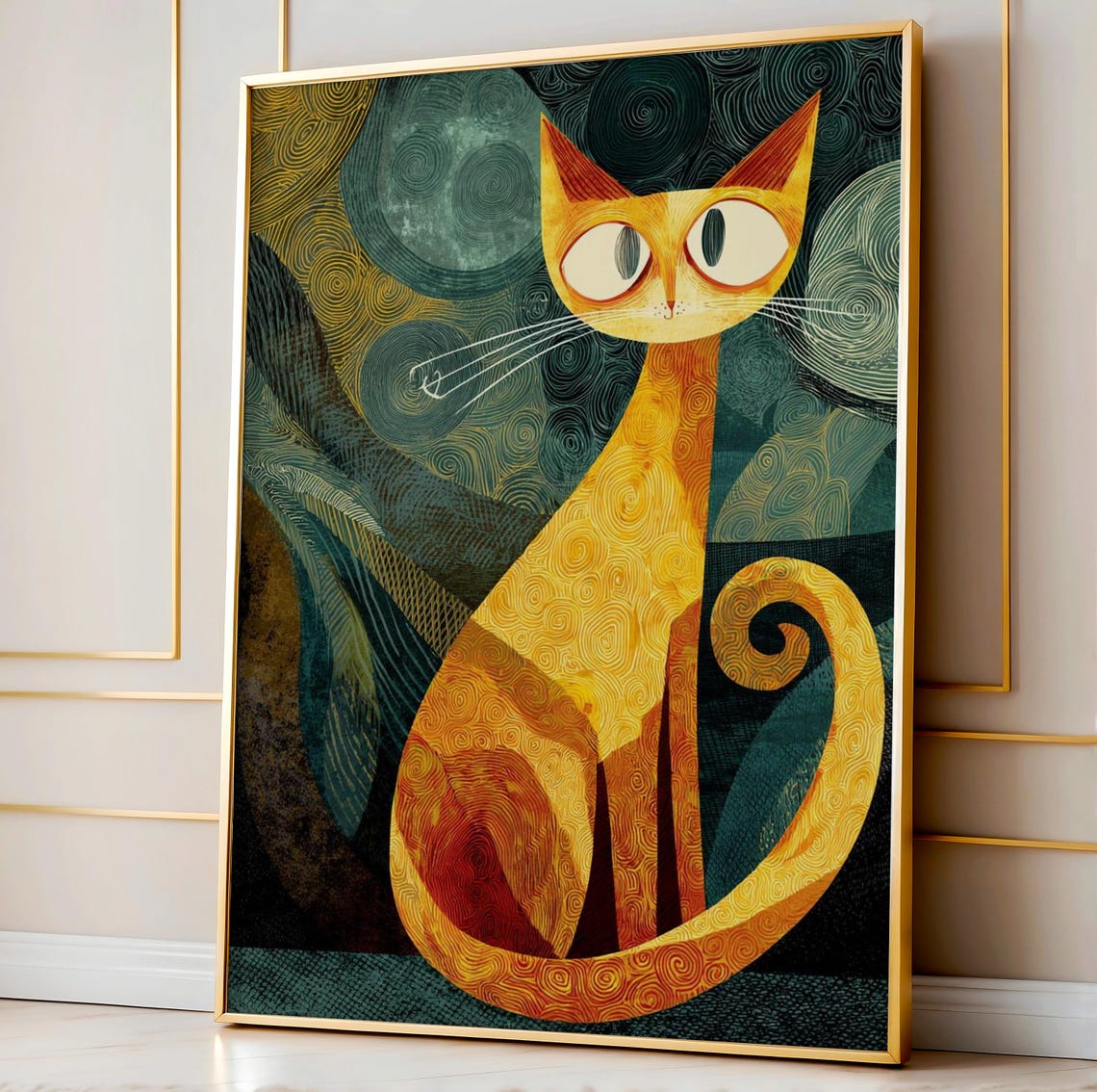 Golden Yellow Cat Whimsical Spiral Tail Animal Illustration Poster