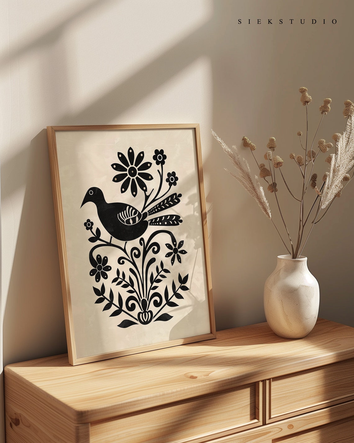 Folk Art Black Bird Perched Among Garden Flowers Botanical Poster - Image 2
