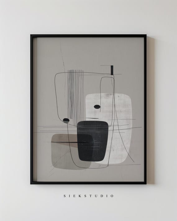 Modern Neutral Gray and Black Line Shape Art Print