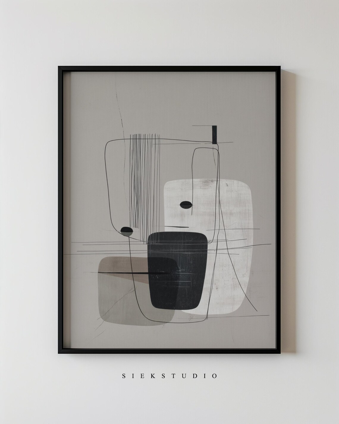 Modern Neutral Gray and Black Line Shape Art Print
