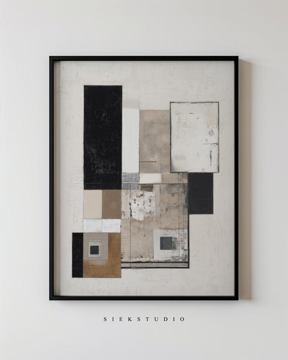 Modern Geometric Shapes Abstract Art Black And White Grid Wall Minimalist Lines Neutral Contemporary Decor For Living Rooms