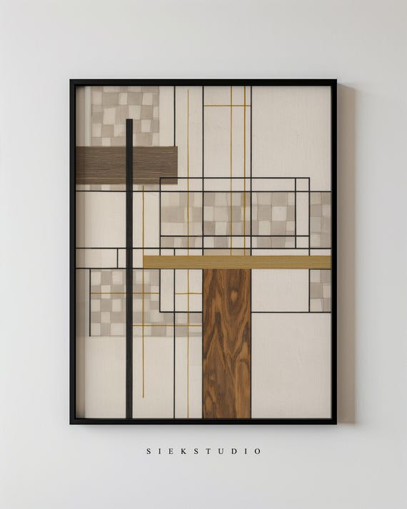 Modern Abstract Shapes Geometric Checkers Minimalist Neutral Line And Block Wall Art Contemporary Structured Home Decor 222