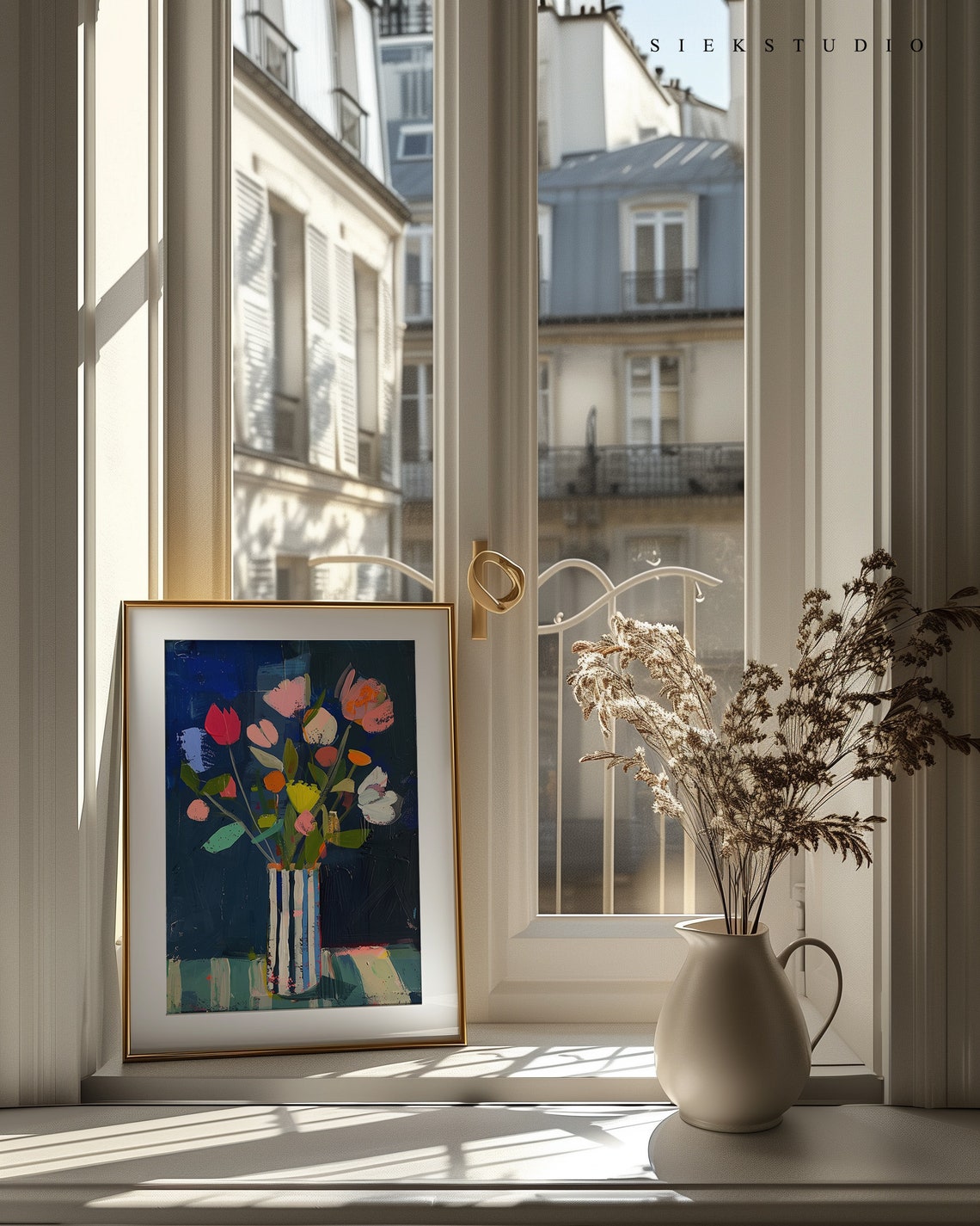 Colorful Impressionist Flower Bouquet In Striped Vase Poster - Image 2