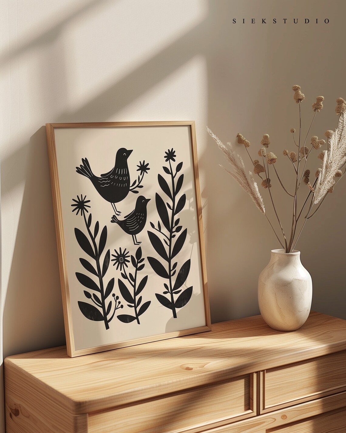 Two Folk Birds Among Wildflowers Black And Beige Nature Poster - Image 2