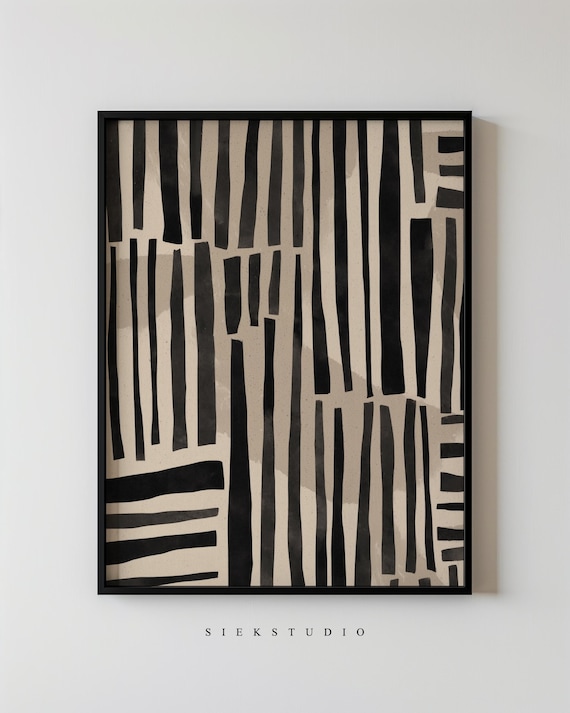 Modern Abstract Bold Line Minimalist Beige Black Stripe Pattern Wall Art Contemporary Neutral Living Room And Bedroom Decor 142