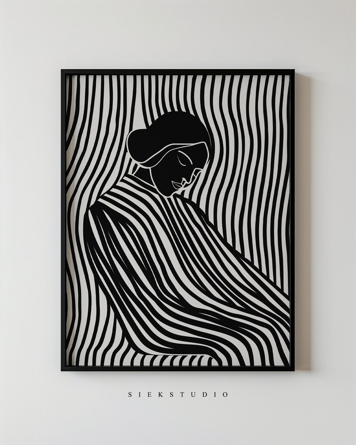 Striped Woman Profile Black White Abstract Figurative Art Poster