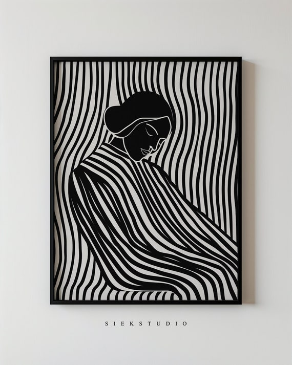 Black And White Abstract Female Art Minimalist Line Modern Home Wall Decor Striped Contemporary