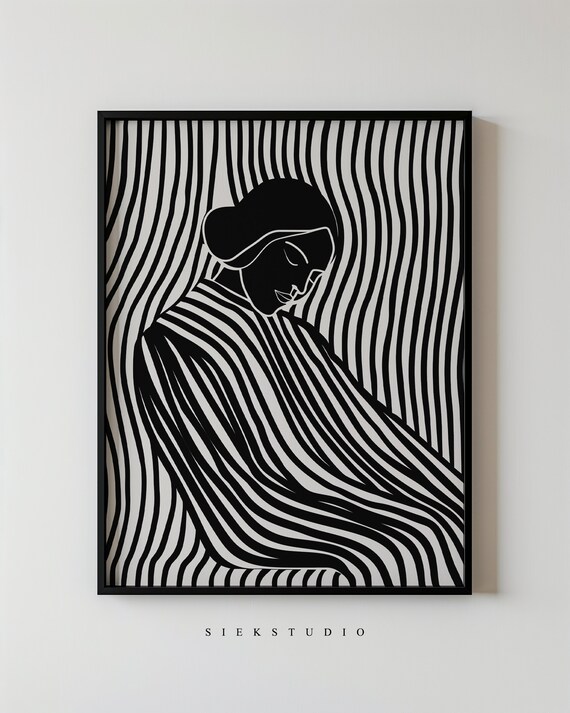 Striped Woman Profile Black White Abstract Figurative Art Poster