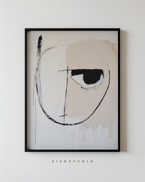 Minimalist Abstract Face Art Modern Line Drawing Black White And Beige Contemporary Surreal Portrait Neutral Wall Decor