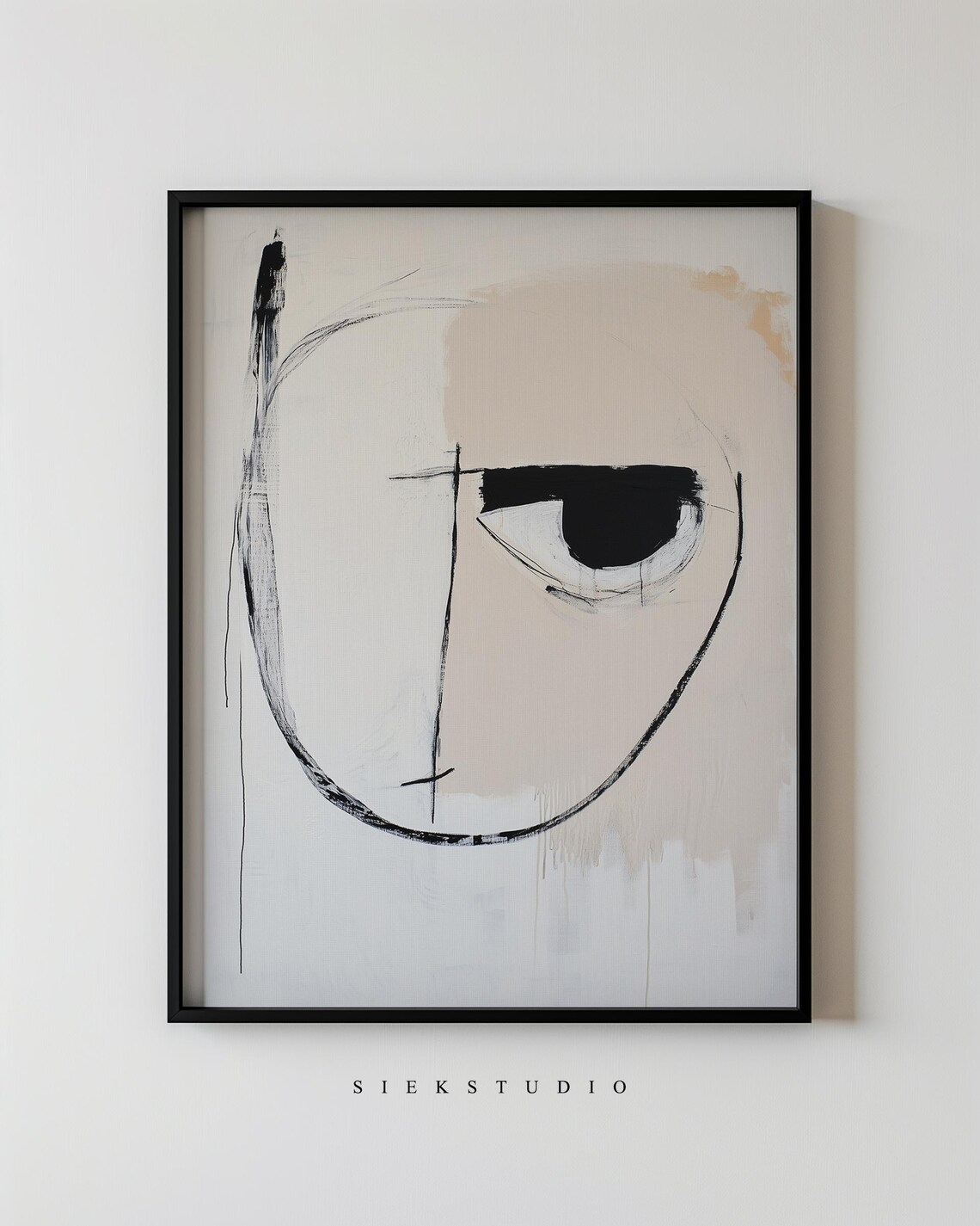 Minimalist Abstract Face Art Modern Line Drawing Black White And Beige Contemporary Surreal Portrait Neutral Wall Decor