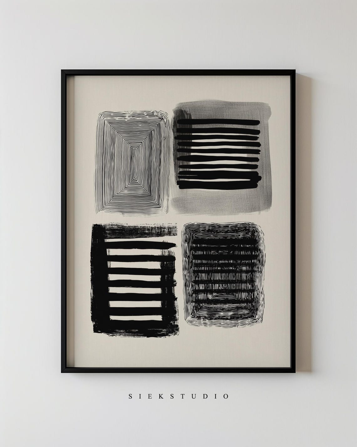 Black Concentric Line Squares Abstract Ink Minimalist Art Poster