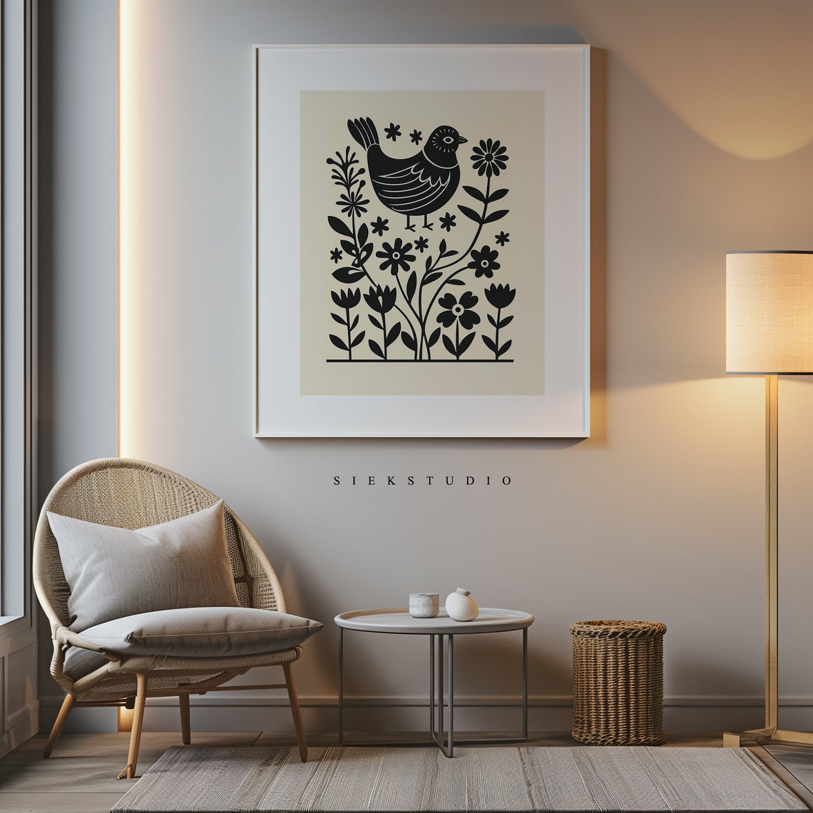 Folk Bird Garden Silhouette Botanical Black And Beige Poster - Image 2