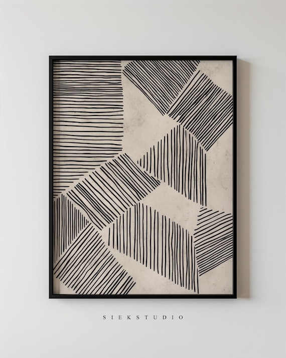 Modern Abstract Line Design Art Drawing Minimalist Beige And Black Stripe Wall Neutral Contemporary Living Room Decor 149