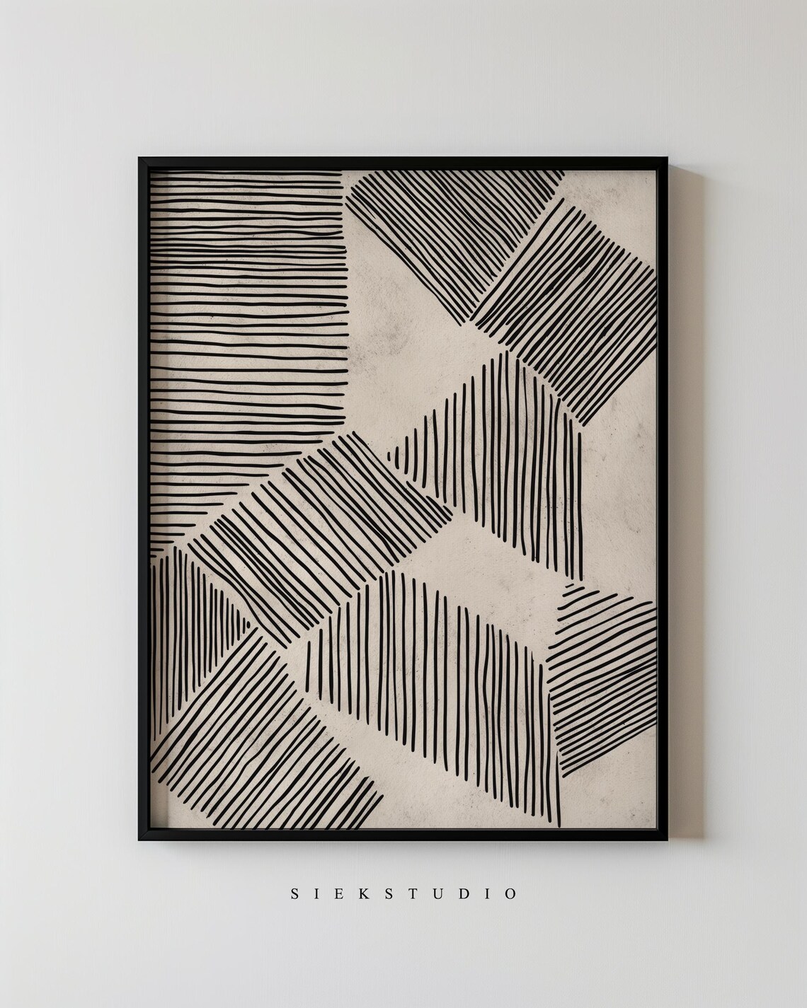 Modern Abstract Line Design Art Drawing Minimalist Beige And Black Stripe Wall Neutral Contemporary Living Room Decor 149