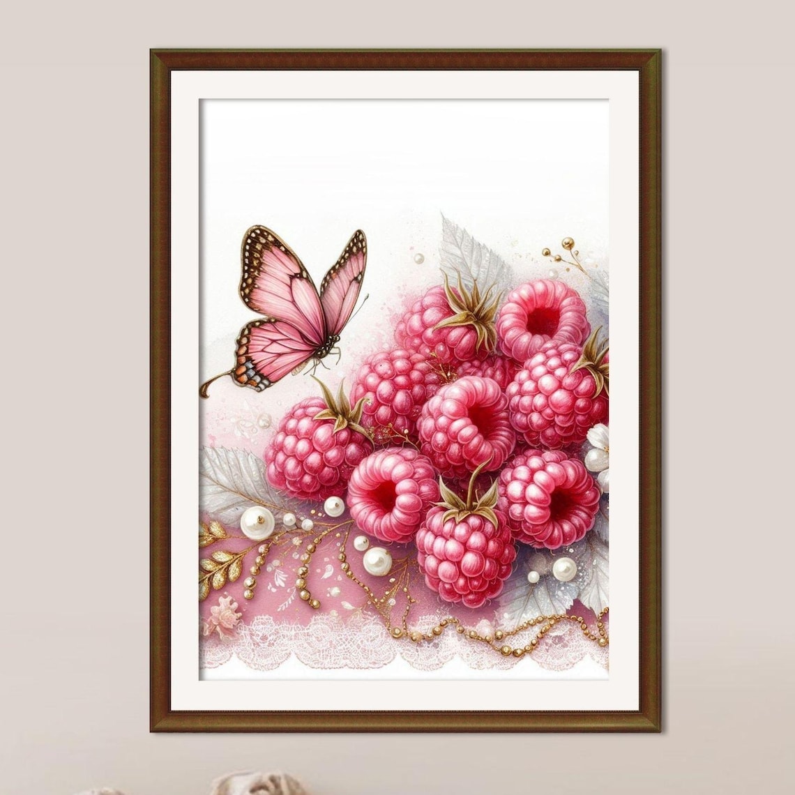 Pink Raspberries and Butterfly Watercolor Fruit Floral Art Poster