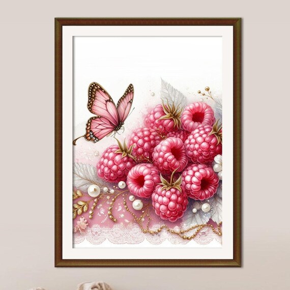 Pink Raspberries and Butterfly Watercolor Fruit Floral Art Poster