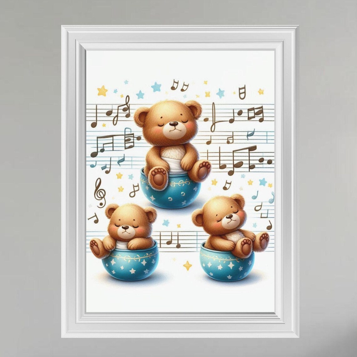 Teddy Bears In Teacups With Musical Notes Cute Nursery Art Poster For Kids