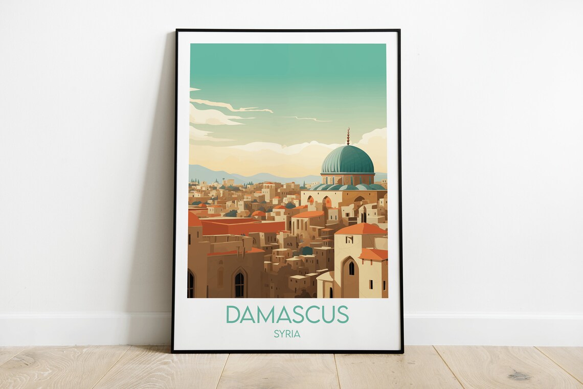 Damascus Syria Cityscape Mosque Dome Warm Hues Travel Poster