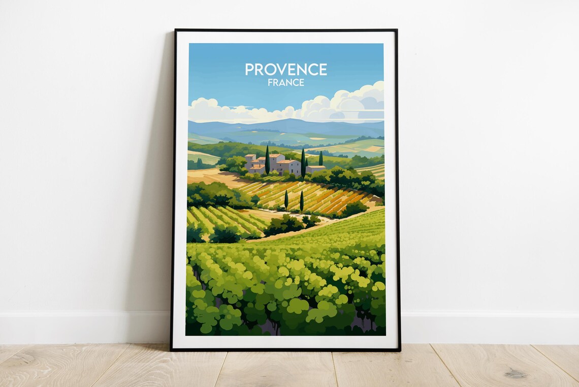 Provence France Cypress Farmhouse Vineyard Rows Scenic Travel Poster