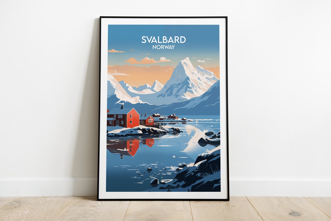 Svalbard Norway Travel Poster Arctic Cabins Snowy Mountain Artwork