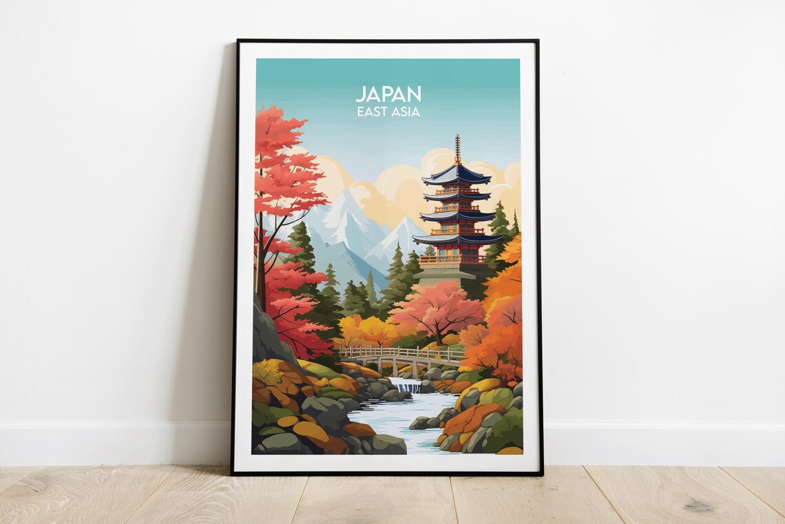 Japan East Asia Temple Pagoda In Autumn Colors River Travel Poster