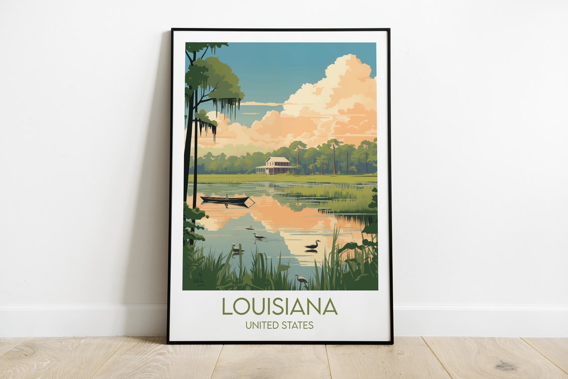 Louisiana Swamp Bayou Canoe Wildlife Heron Scenic Travel Poster