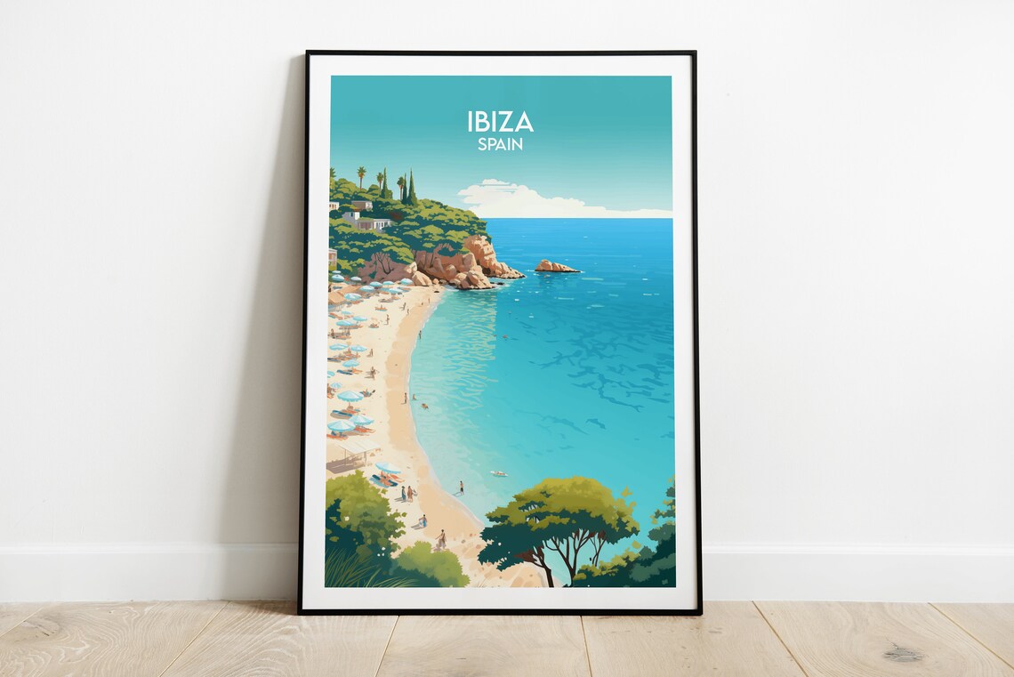 Ibiza Spain Sandy Bay Beach Umbrellas Turquoise Sea Art Poster