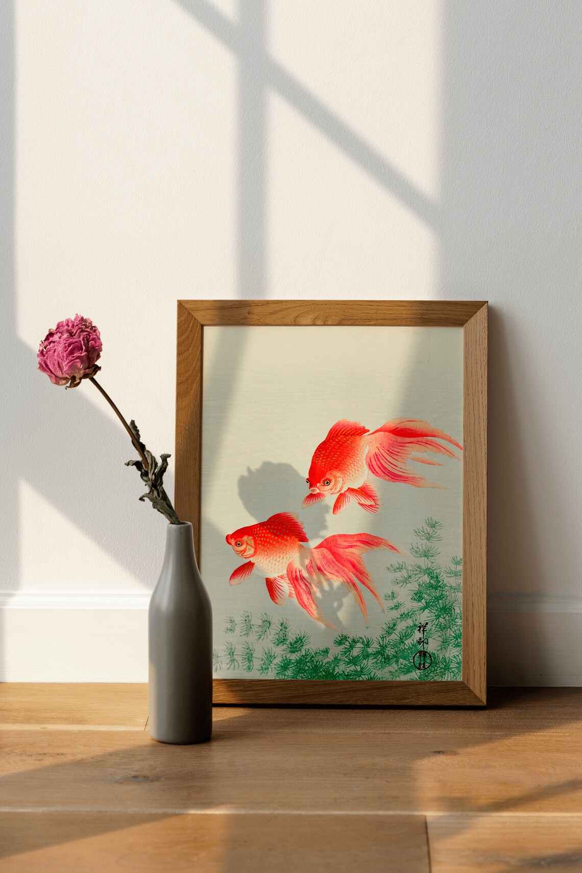 Beautiful Twin Red Fantail Goldfish Japanese Woodblock Poster - Image 3