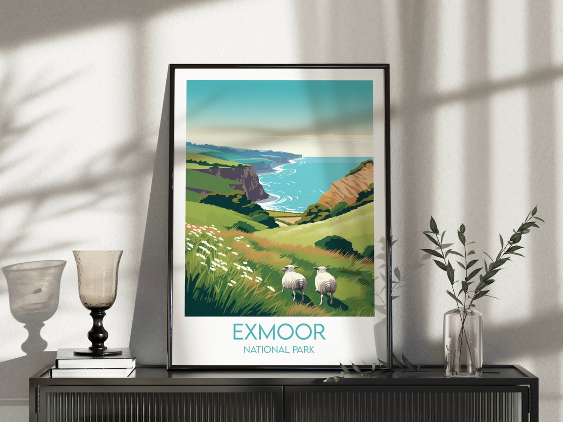 Exmoor National Park Sheep Hillside Coastal View Travel Poster - Image 3