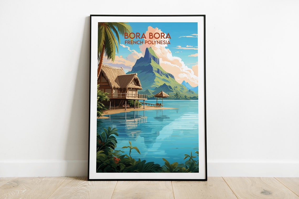 Bora Bora French Polynesia Overwater Bungalow Vintage Travel Print