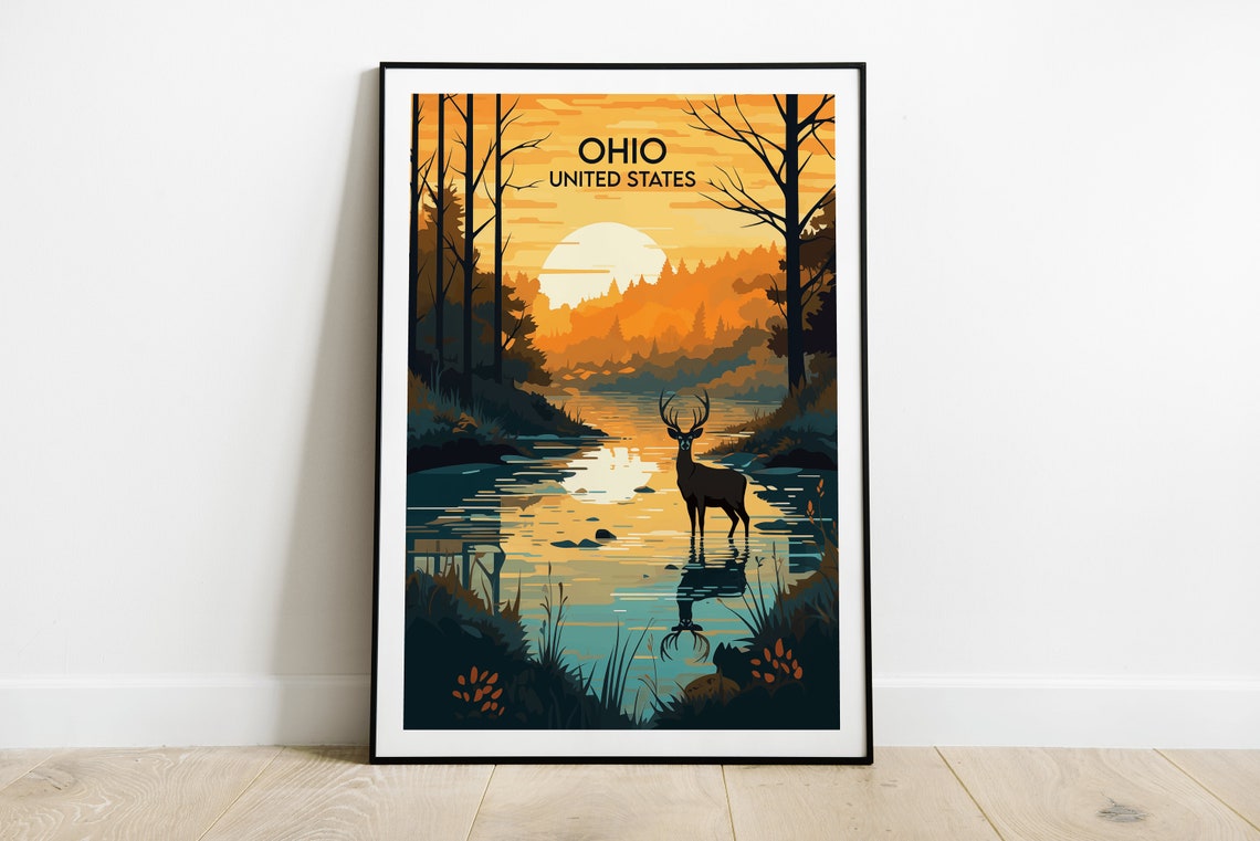 Ohio United States Sunset Deer Lake Reflection Forest Scene Poster