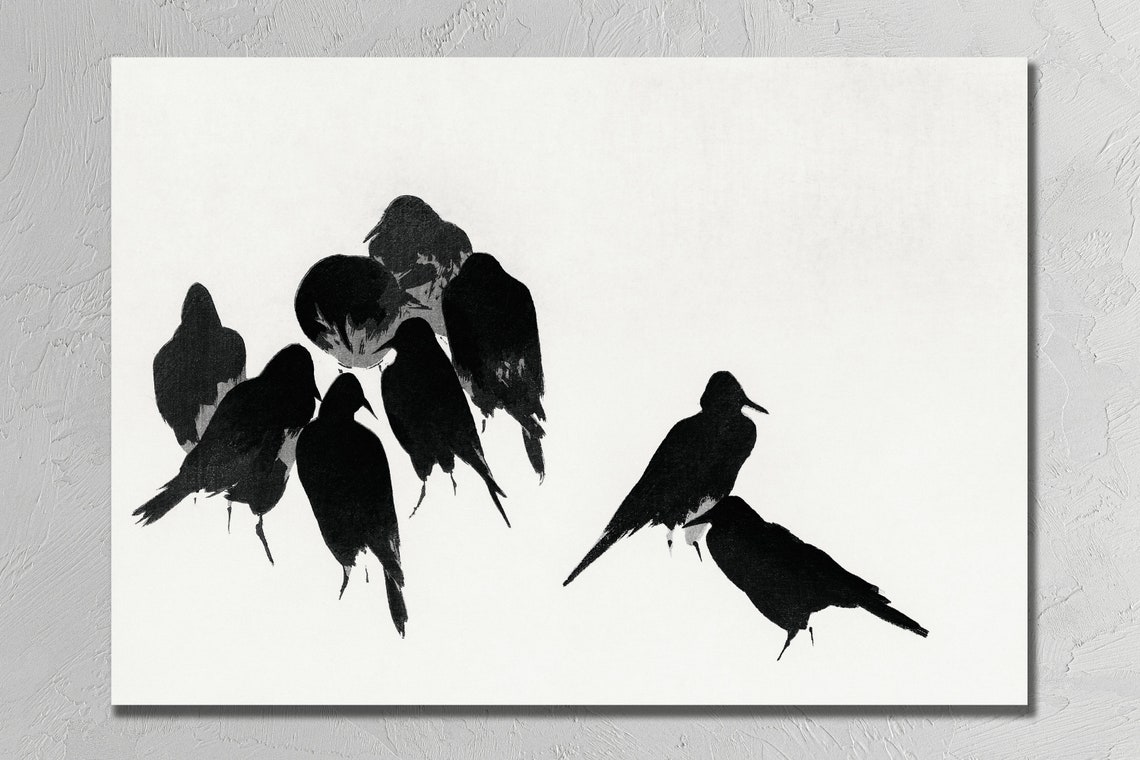 Japanese Black Crows Ink Wash Minimalist Bird Silhouette Art Poster - Image 3