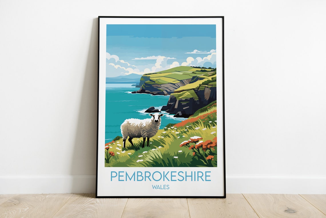 Pembrokeshire Wales Coastal Cliffs Sheep Meadow Vintage Travel Poster