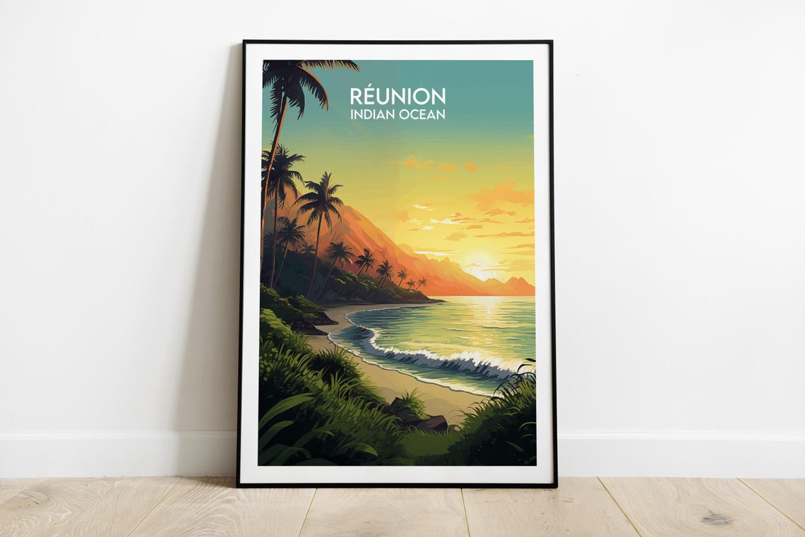 Reunion Indian Ocean Tropical Beach Palm Sunset Travel Poster