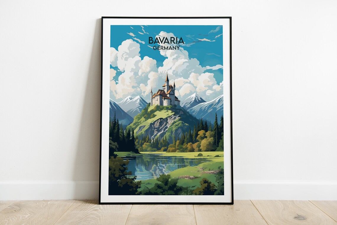 Bavaria Germany Hilltop Castle Lake Alps Scenic Travel Poster