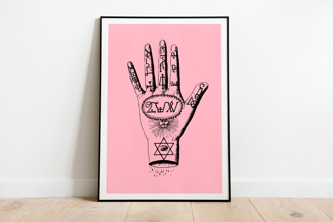 Vintage Horoscope Palm Chart Print Pink Astrology Palmistry Artwork